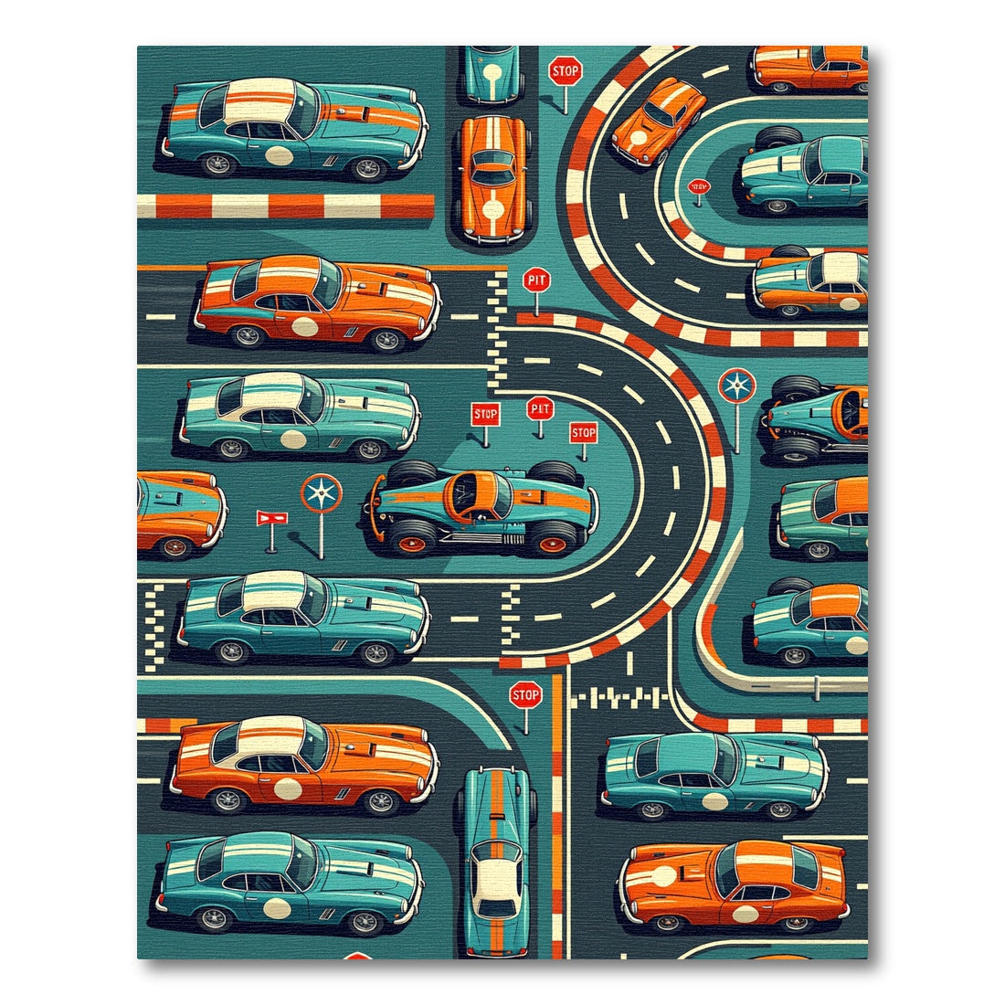 Retro Orange and Teal Racing Track Rug