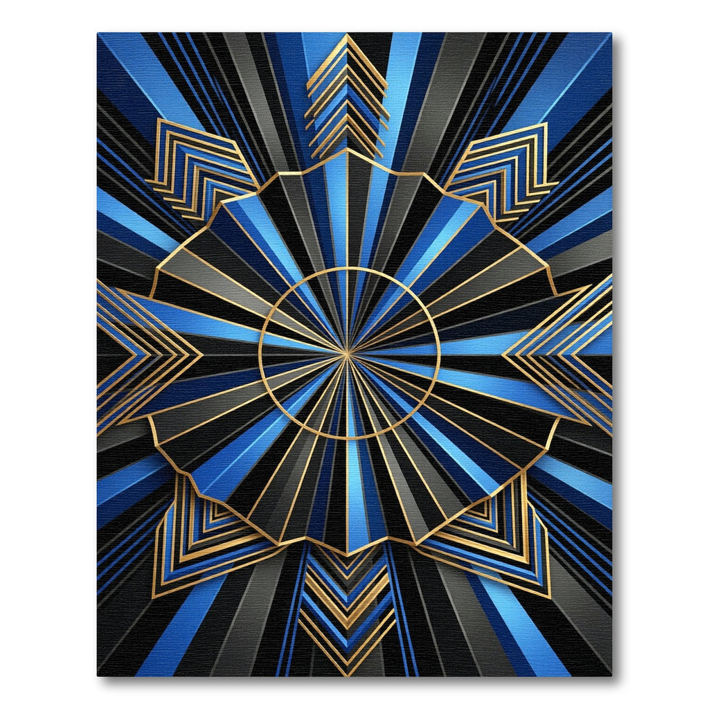 Art Deco Royal Blue Golden Sunburst Rug