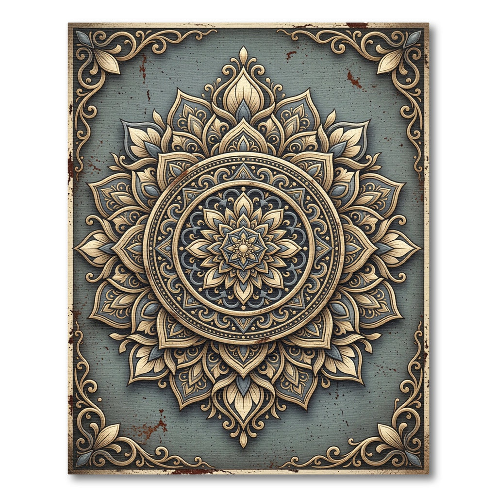 Ornate Gold Teal Mandala Art Rug