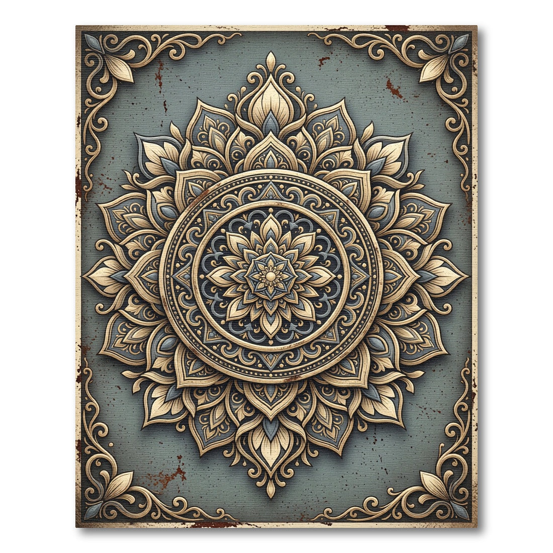 Ornate Gold Teal Mandala Art Rug