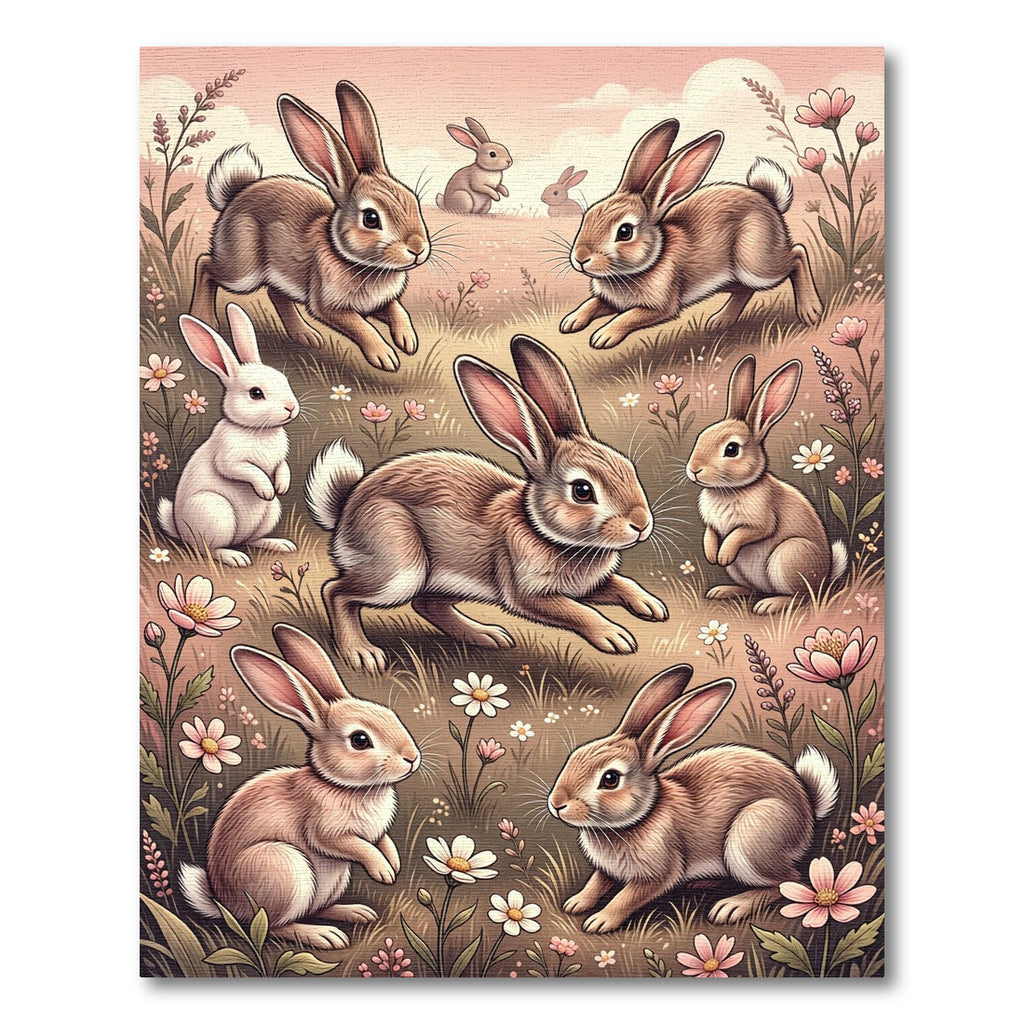 Whimsical Pastel Meadow Bunny Rabbit Scene Rug