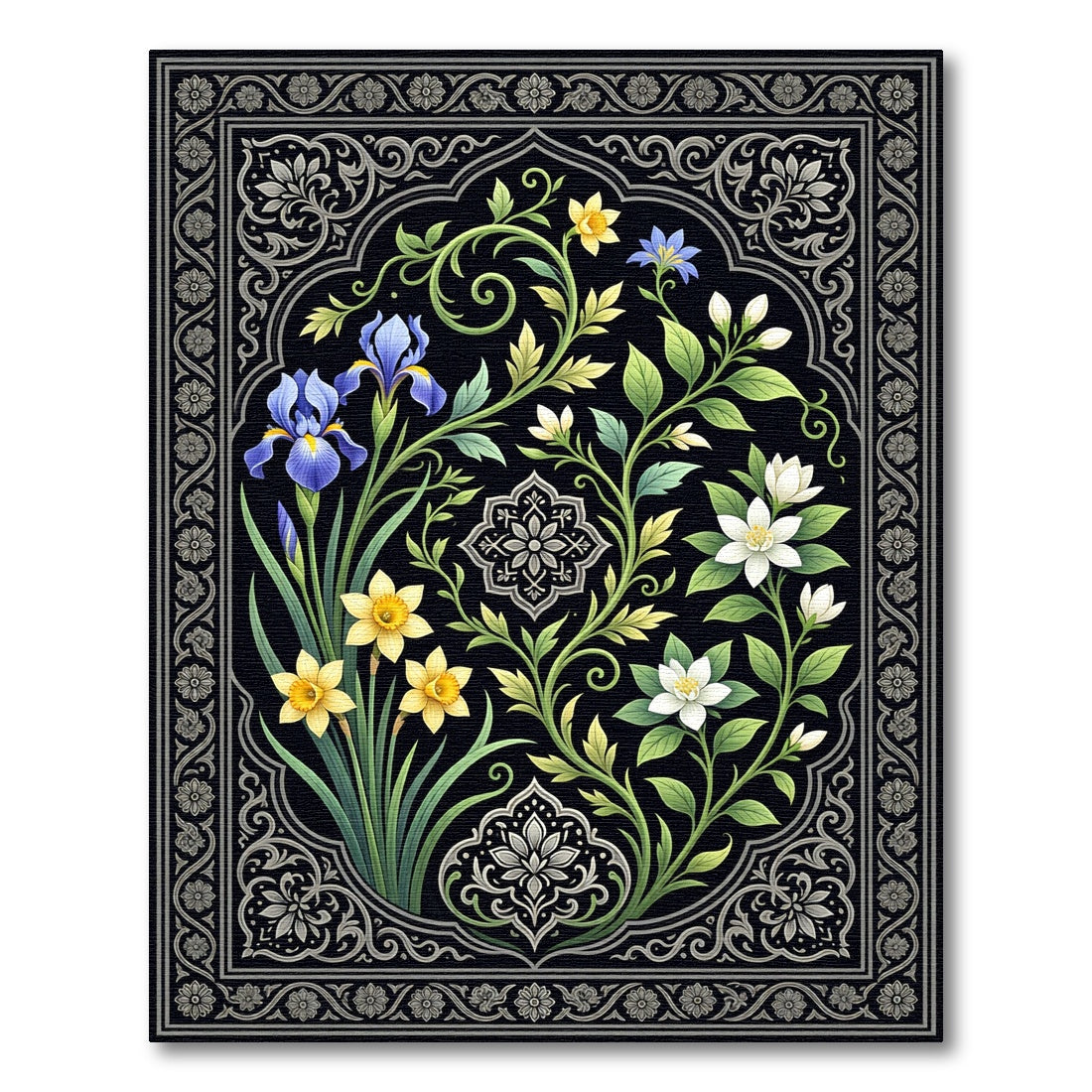 Botanical Black Floral Gold Iris Rug