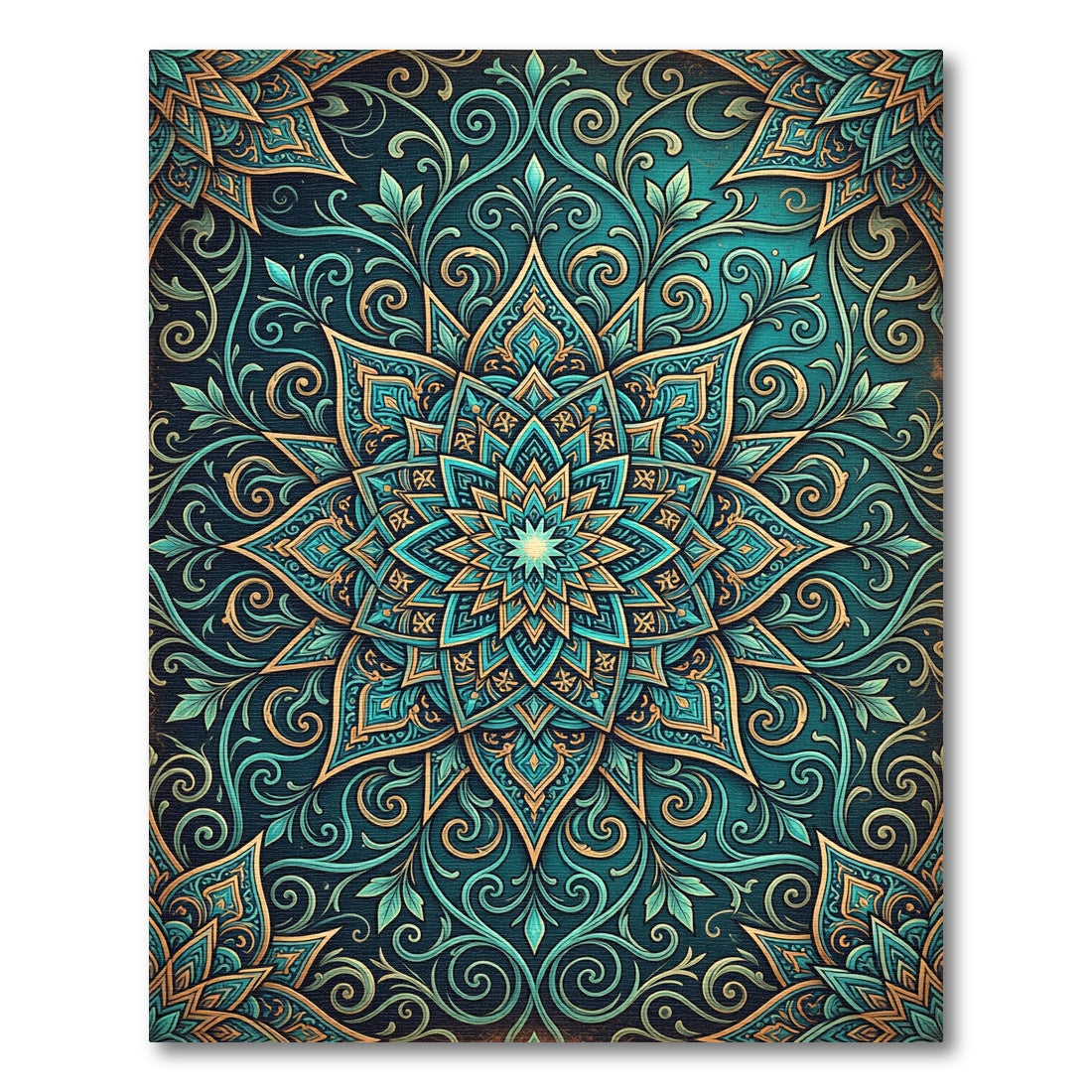 Teal and Gold Ornate Floral Mandala Rug