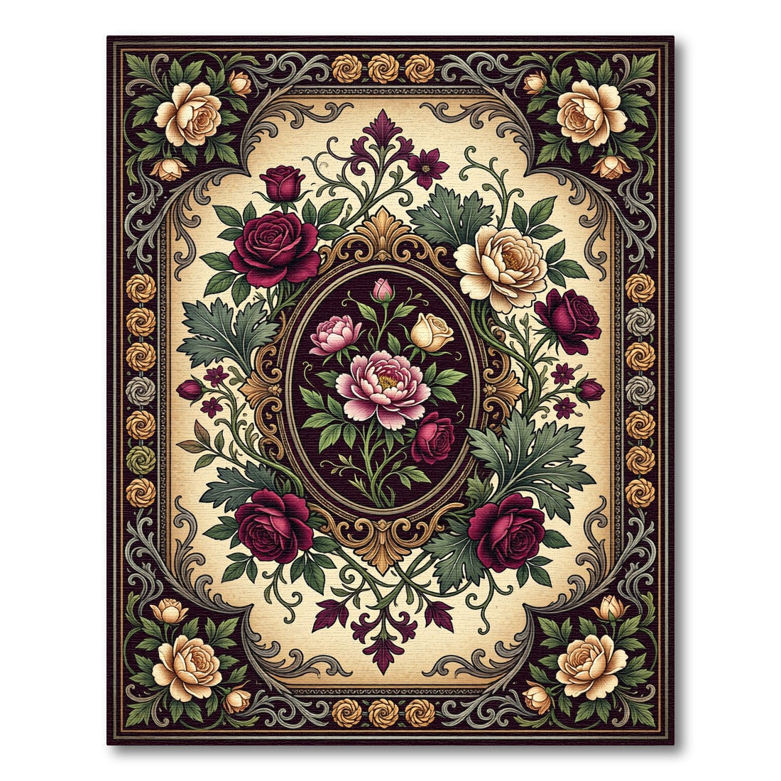 Victorian Crimson Floral Medallion Border Rug