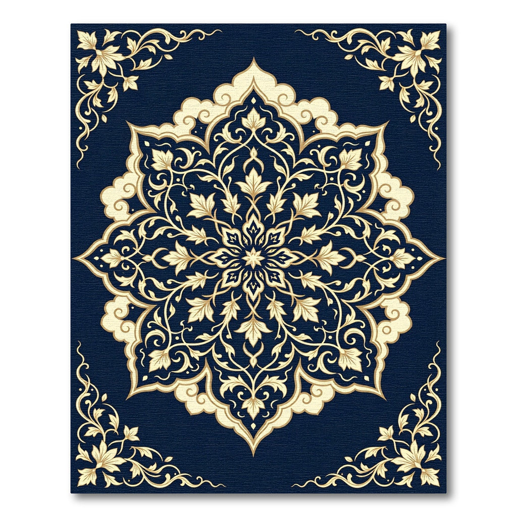 Navy Blue Gold Ornate Floral Medallion Rug