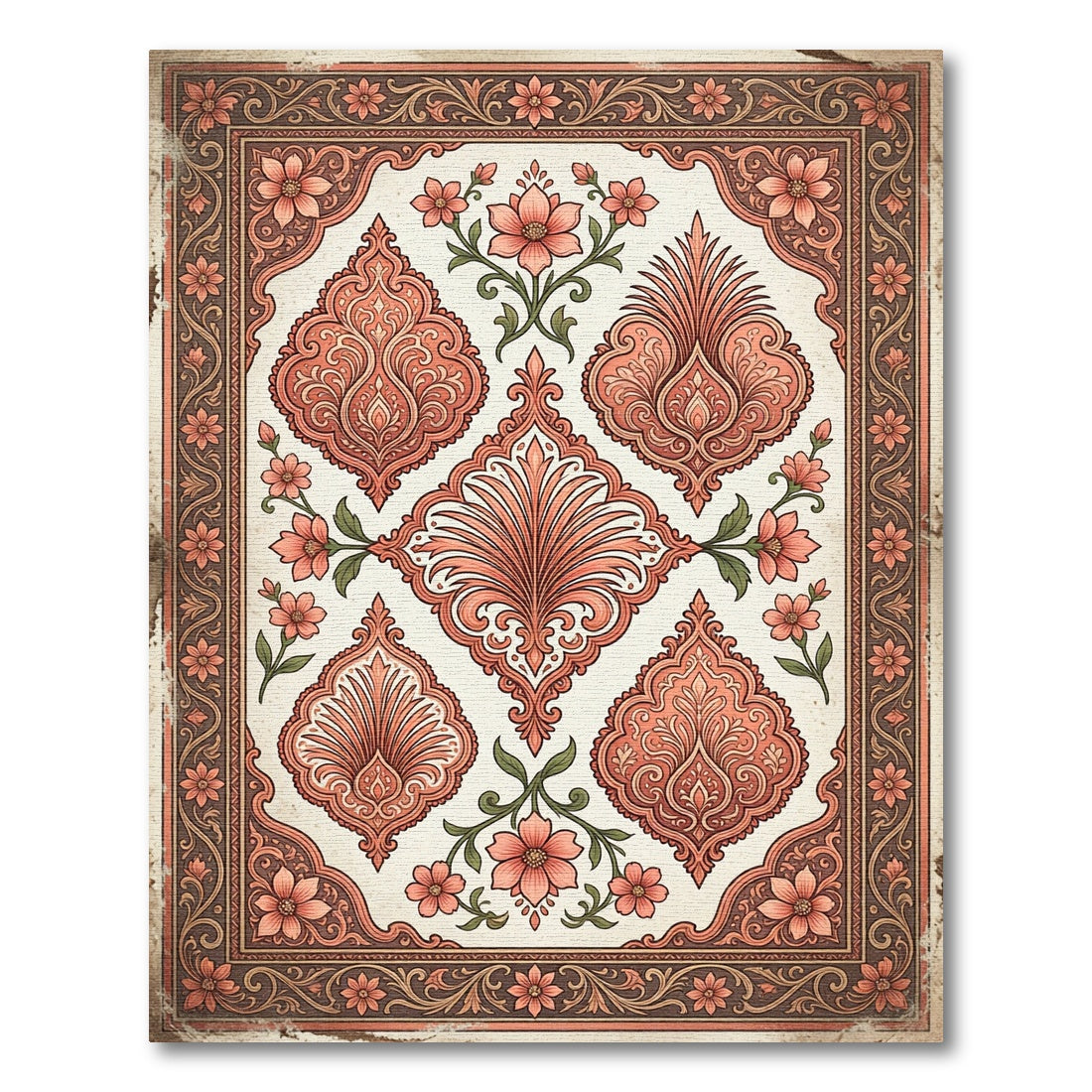 Coral Red Floral Scroll Medallion Rug