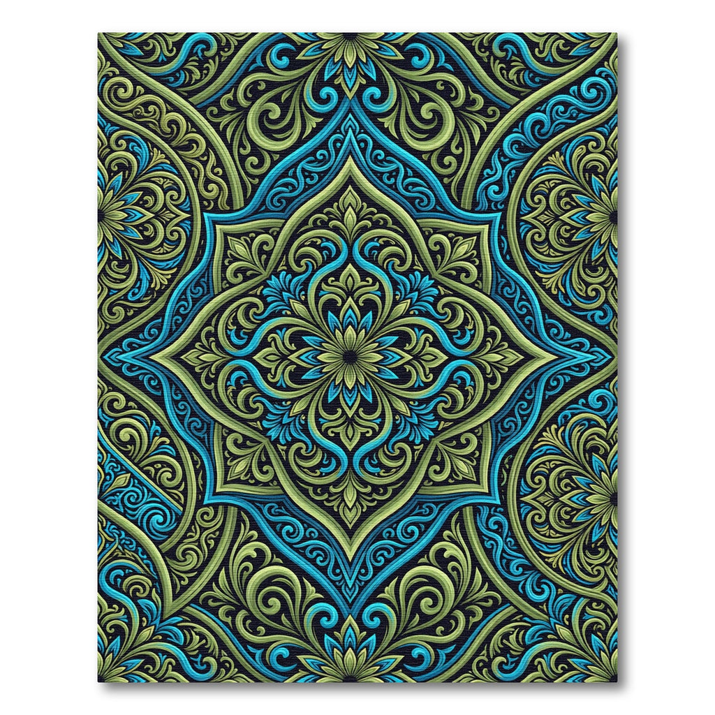 Teal and Sage Swirling Damask Medallion Rug