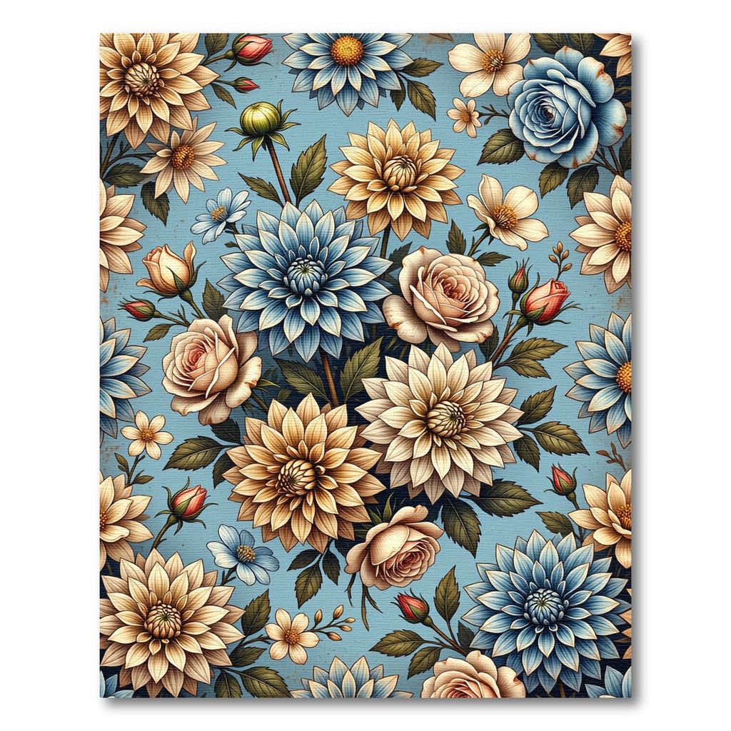 Vintage Floral Bloom Bouquets on Blue Rug