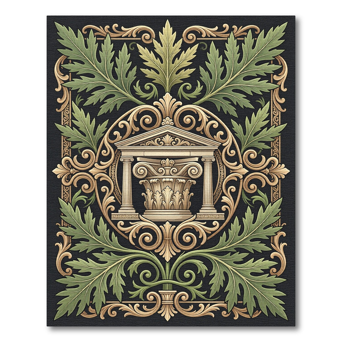 Classical Green Leaf Architectural Medallion Rug