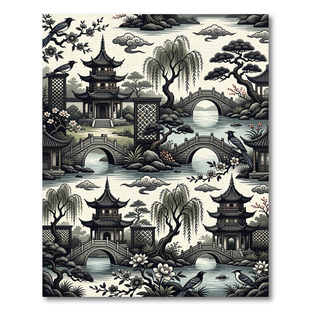 Serene Pagoda Garden Willow Trees Rug