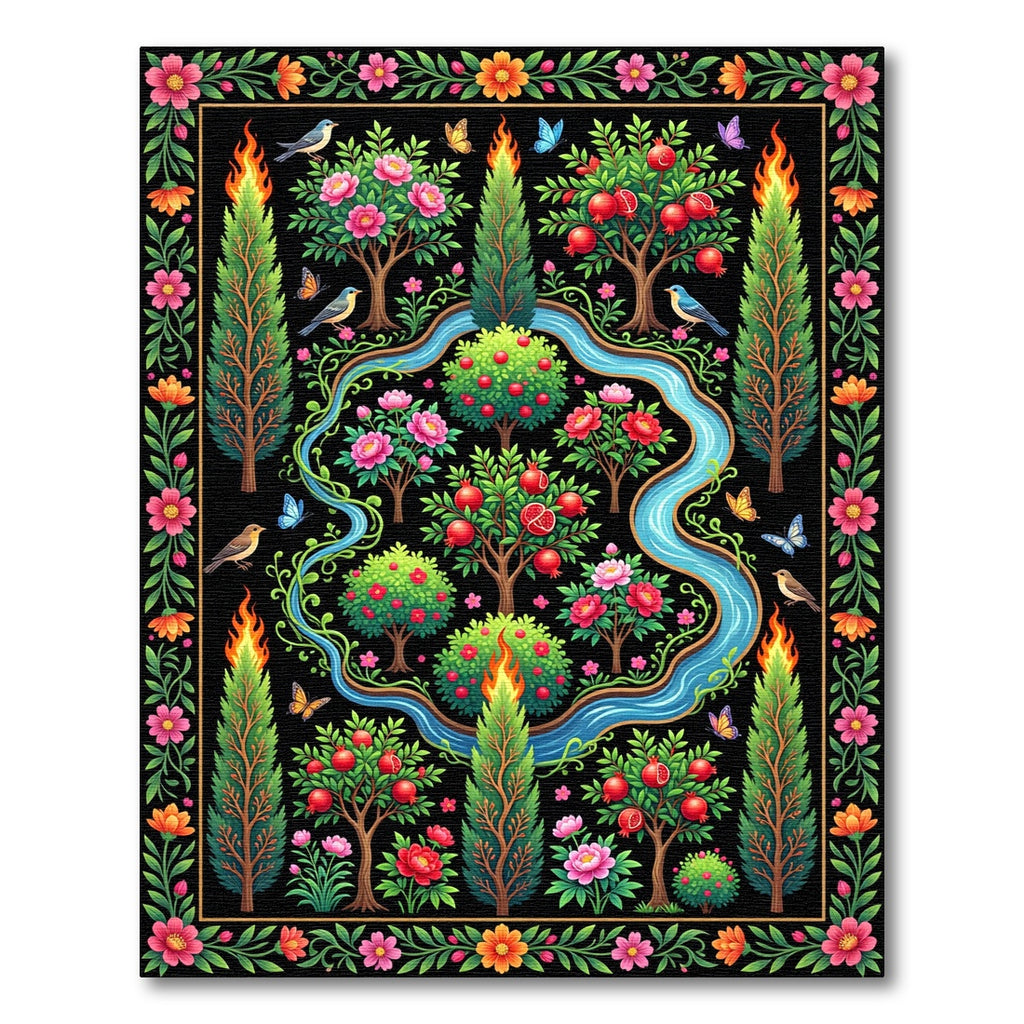 Vibrant Black Floral Garden River Rug
