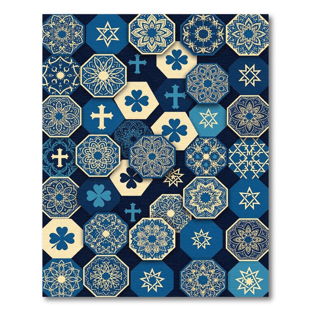 Navy Blue Hexagonal Cultural Medallion Tile Rug