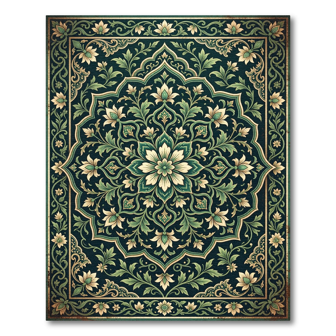Dark Teal Floral Medallion Mandala Rug