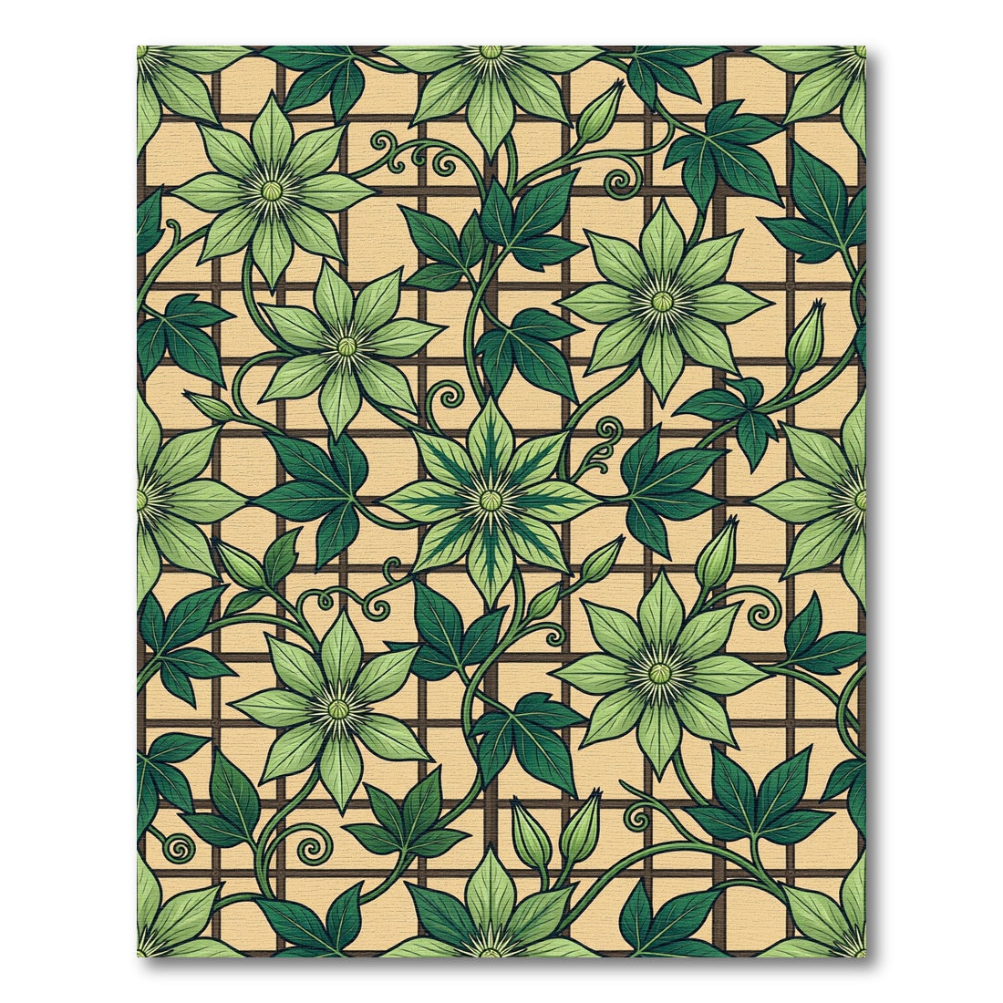 Earthy Green Clematis Trellis Grid Rug