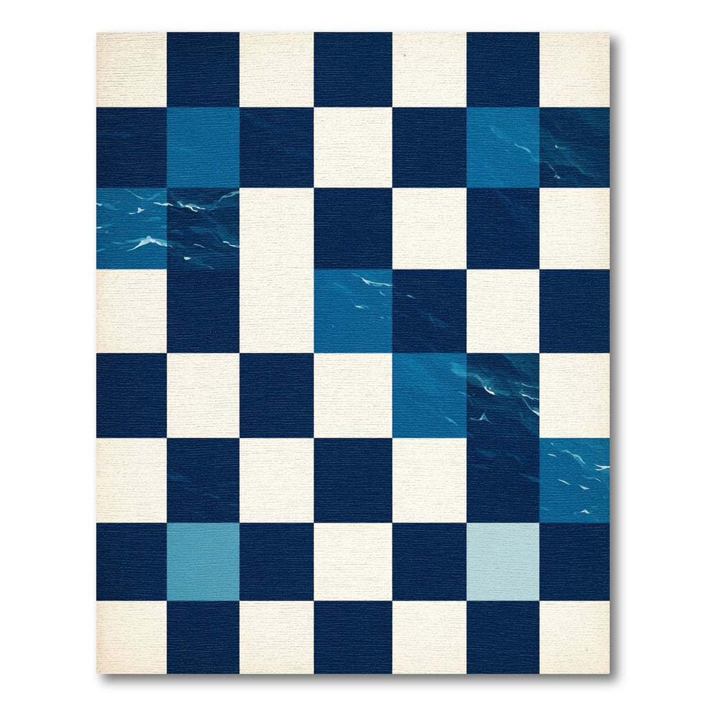 Modern Navy Checkered Abstract Wave Block Rug