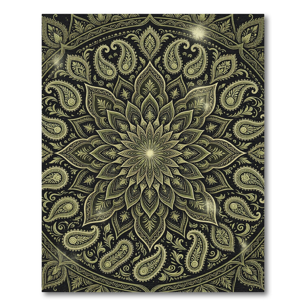 Golden Paisley Floral Mandala Dark Olive Rug