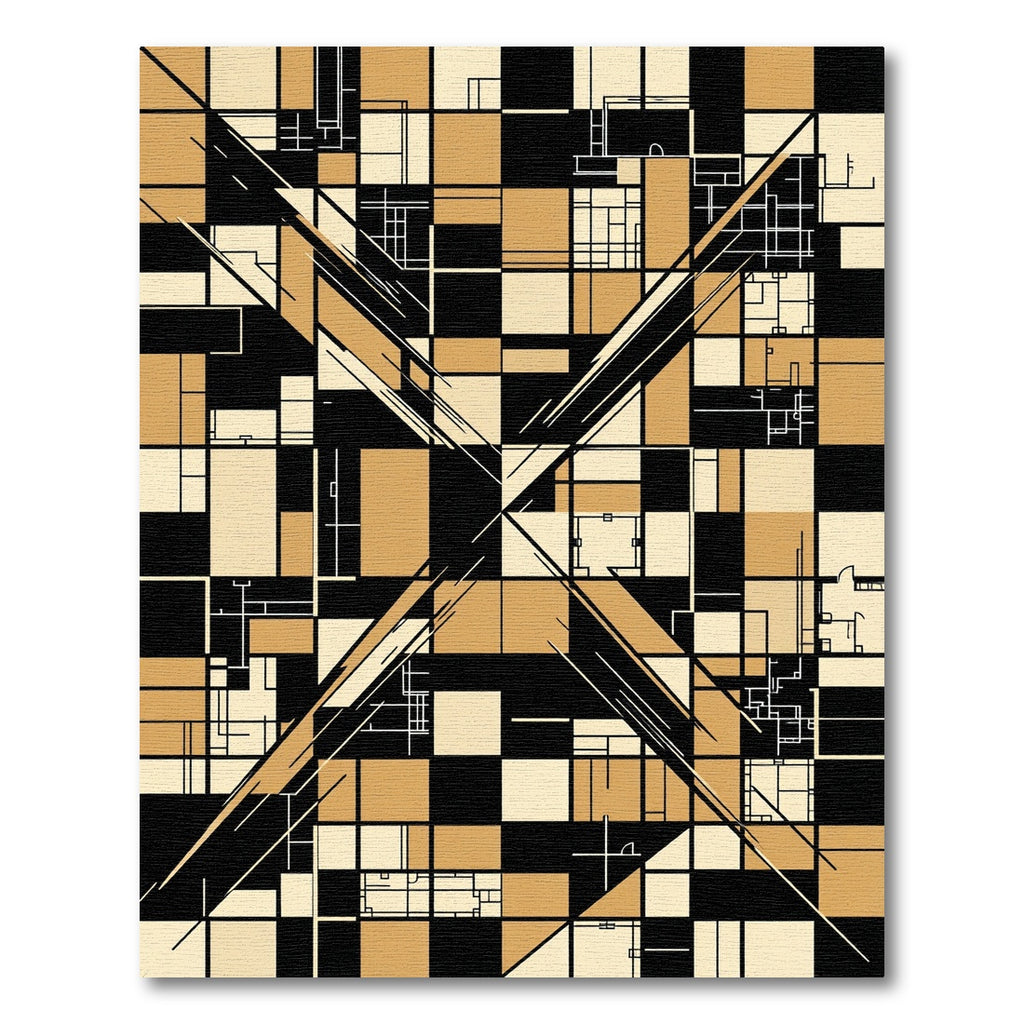 Geometric Minimalist Ochre Black Abstract Grid Rug