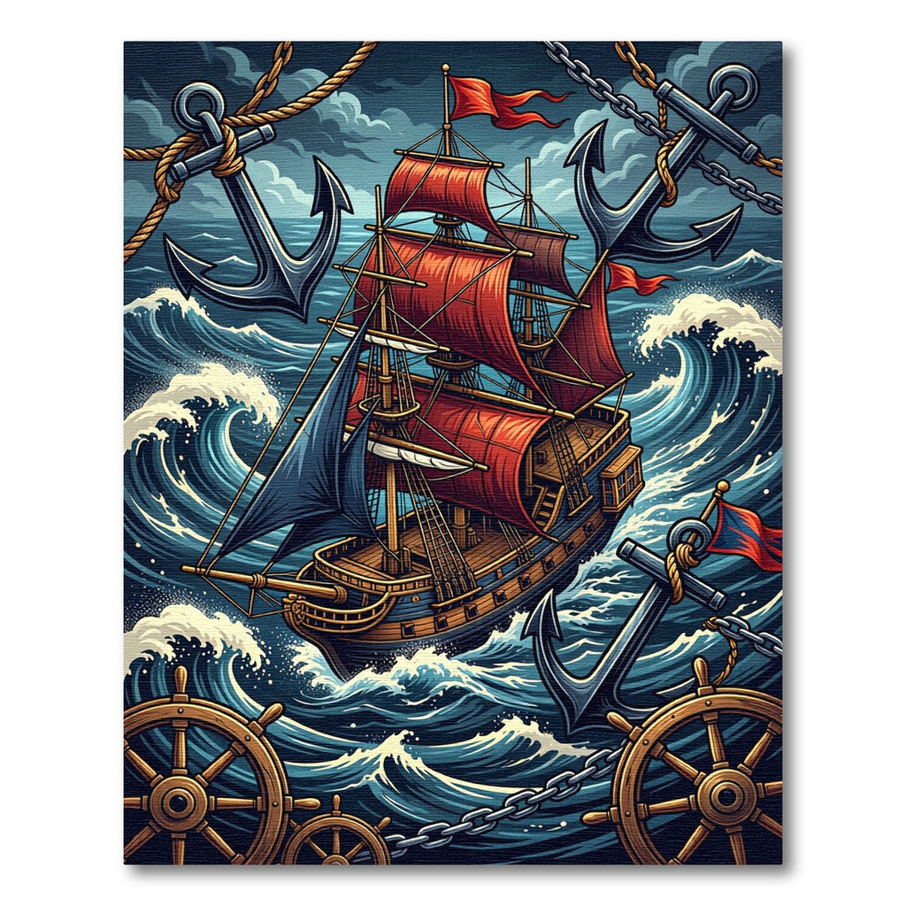 Stormy Red Sail Ship Nautical Anchor Rug