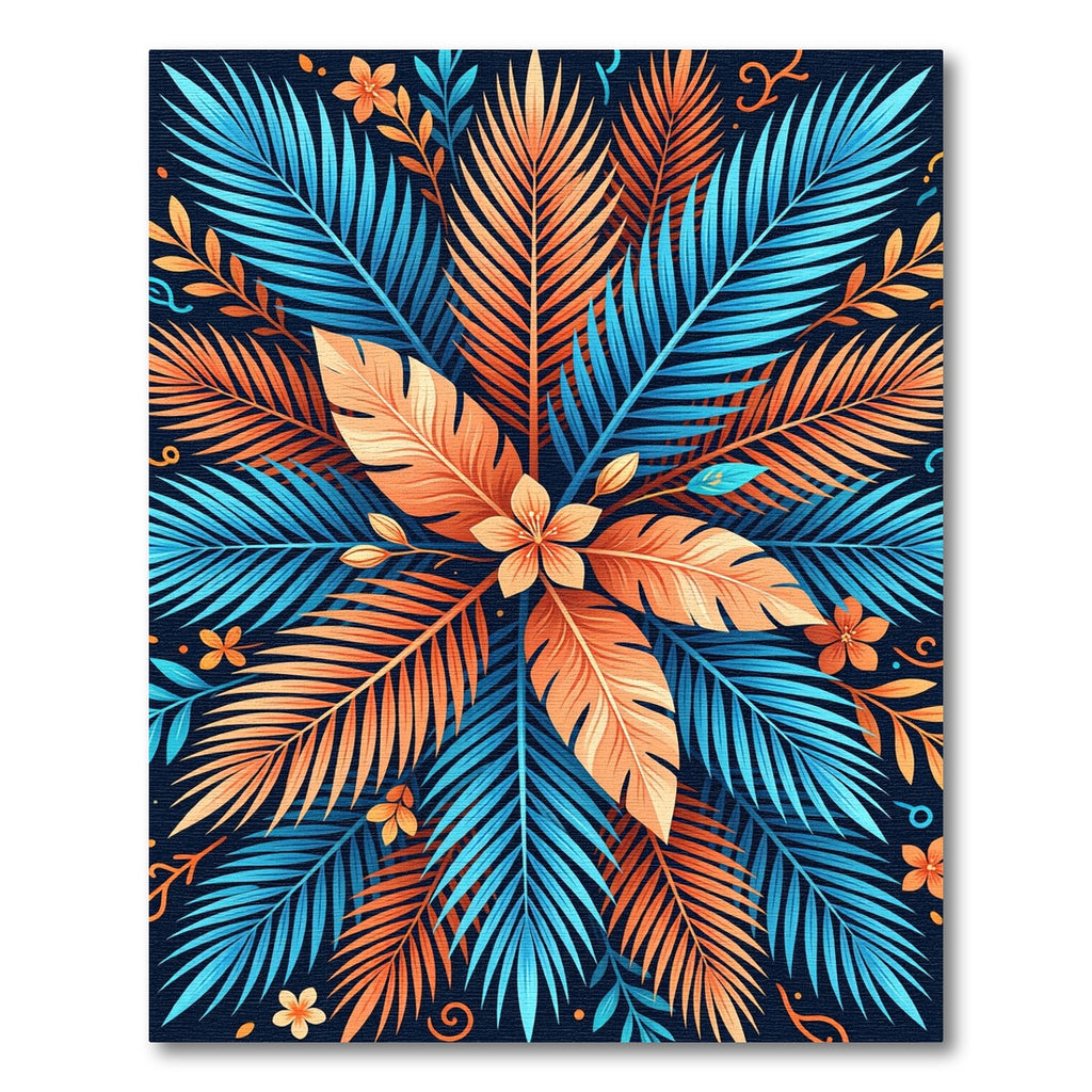 Fiery Blue Orange Tropical Leaves Rug