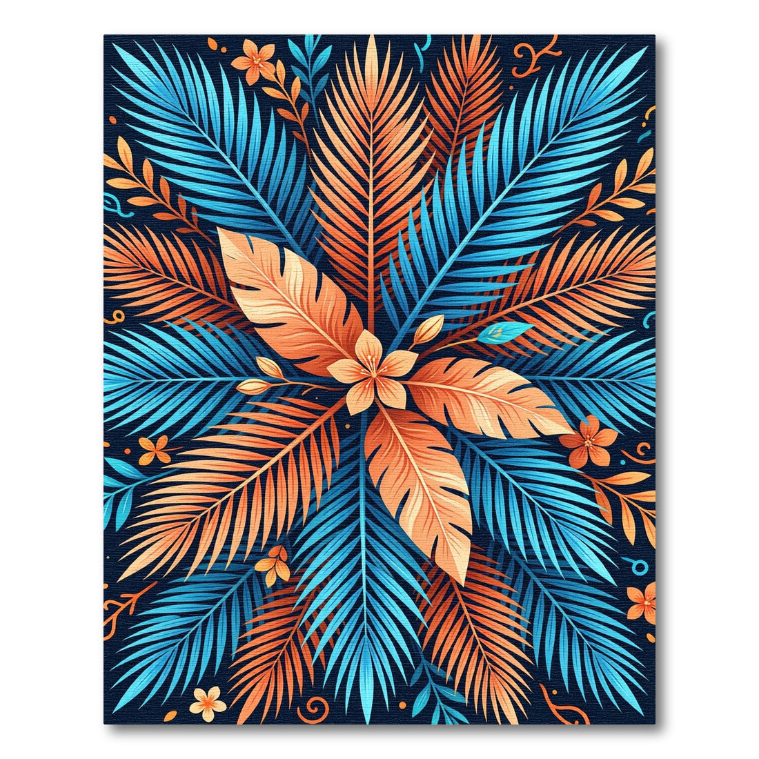 Fiery Blue Orange Tropical Leaves Rug