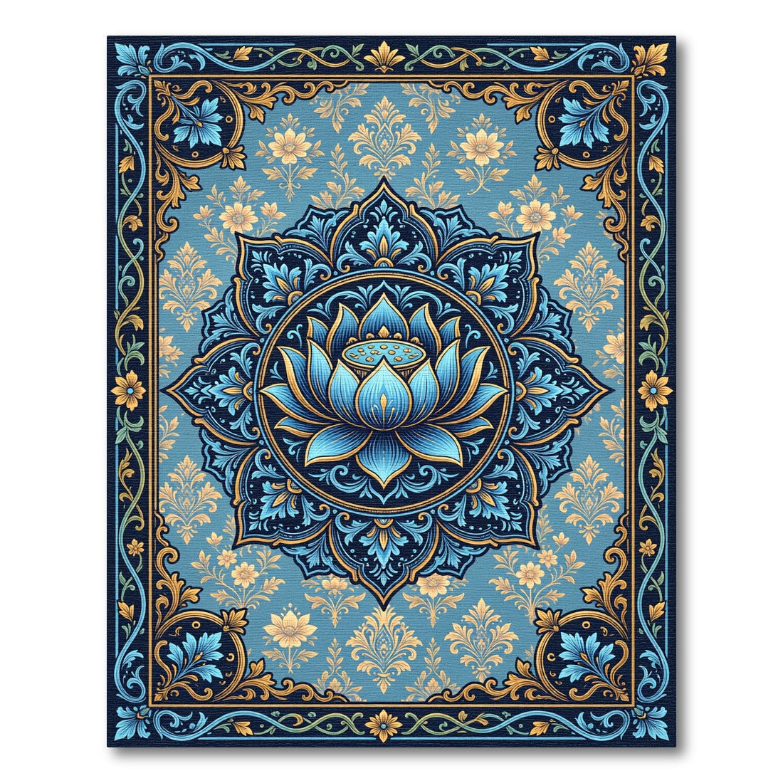 Blue Golden Lotus Mandala Rug