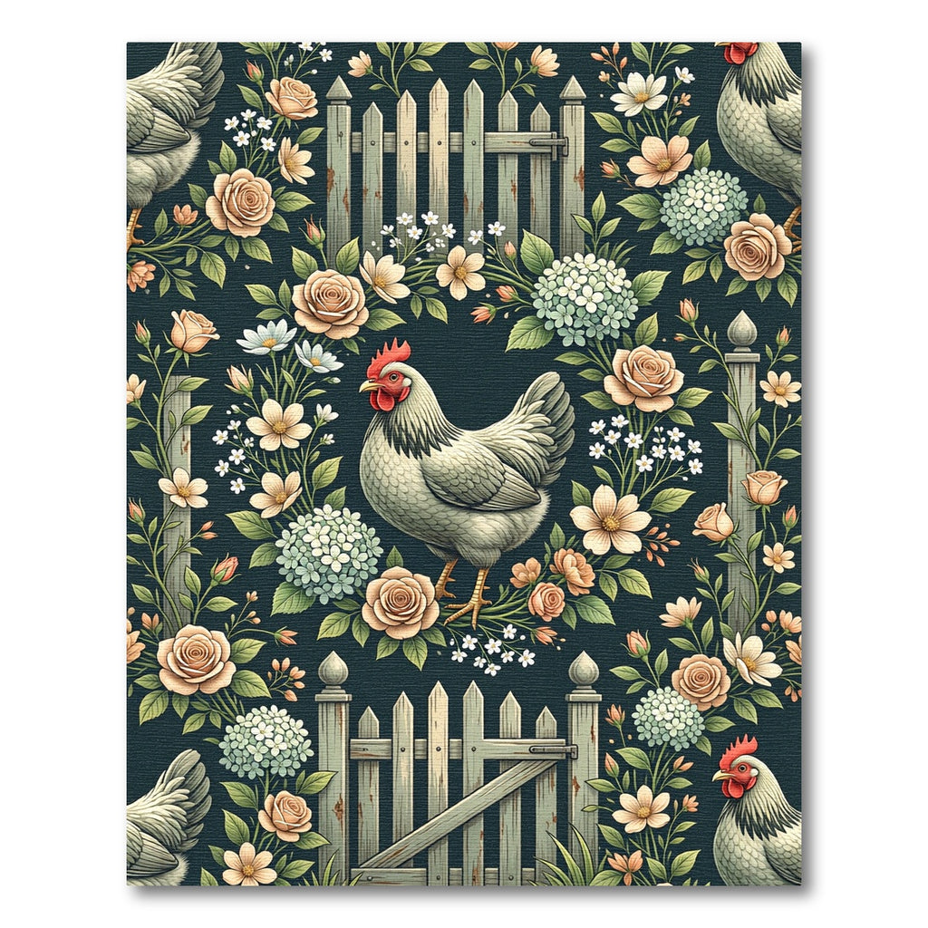 Vintage Cream Rooster and Floral Garden Rug