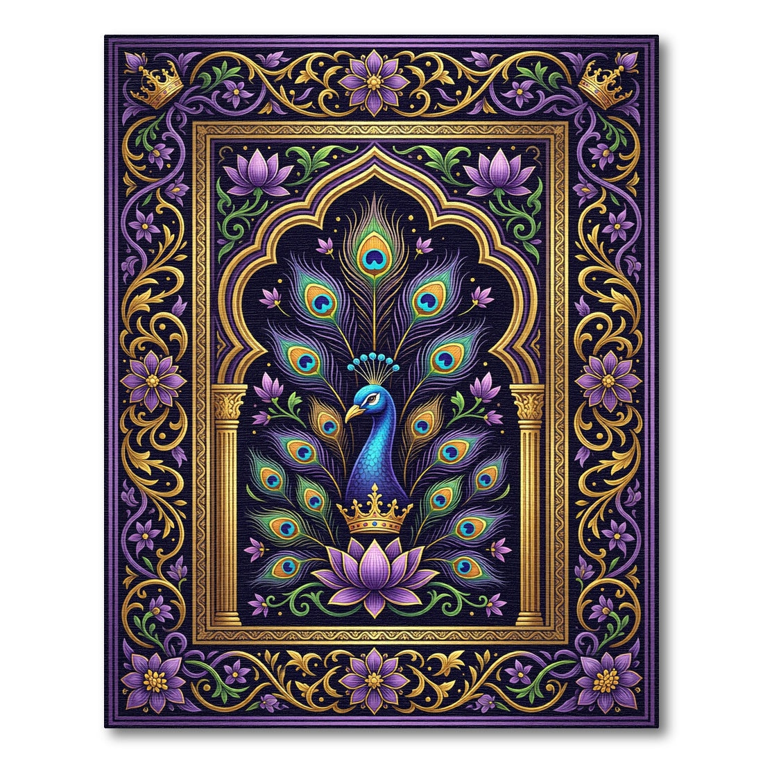 Royal Peacock Purple Lotus Gold Filigree Rug