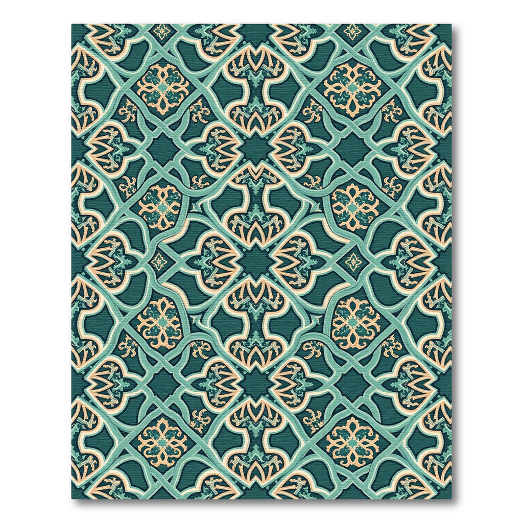 Teal Ornate Lattice Floral Damask Rug