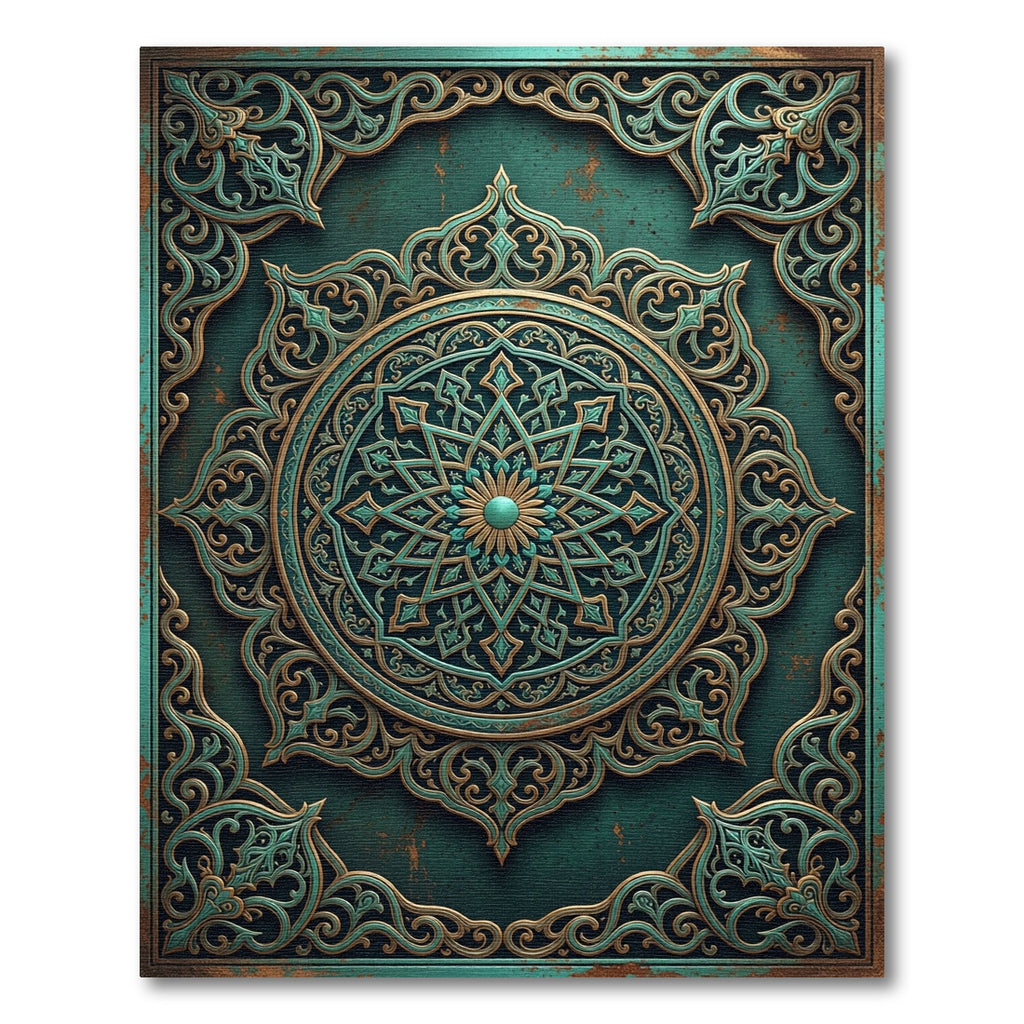 Teal and Gold Ornate Mandala Medallion Rug