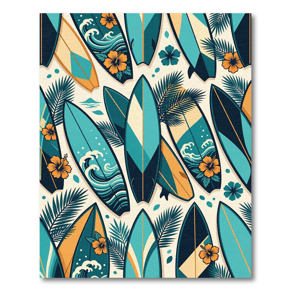 Tropical Teal Surfboard and Hibiscus Illustration Rug