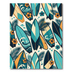 Tropical Teal Surfboard and Hibiscus Illustration Rug