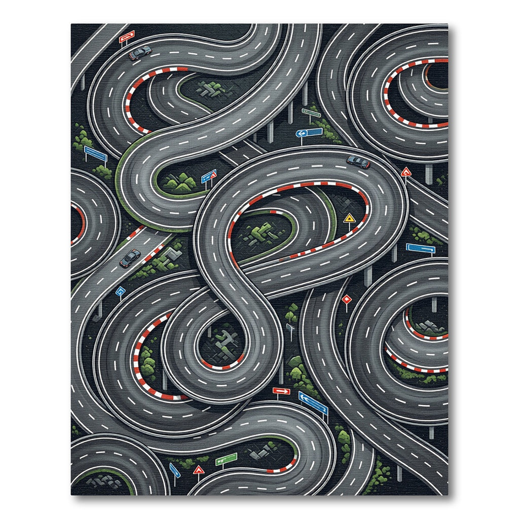 Abstract Winding Gray Racing Track Grid Rug