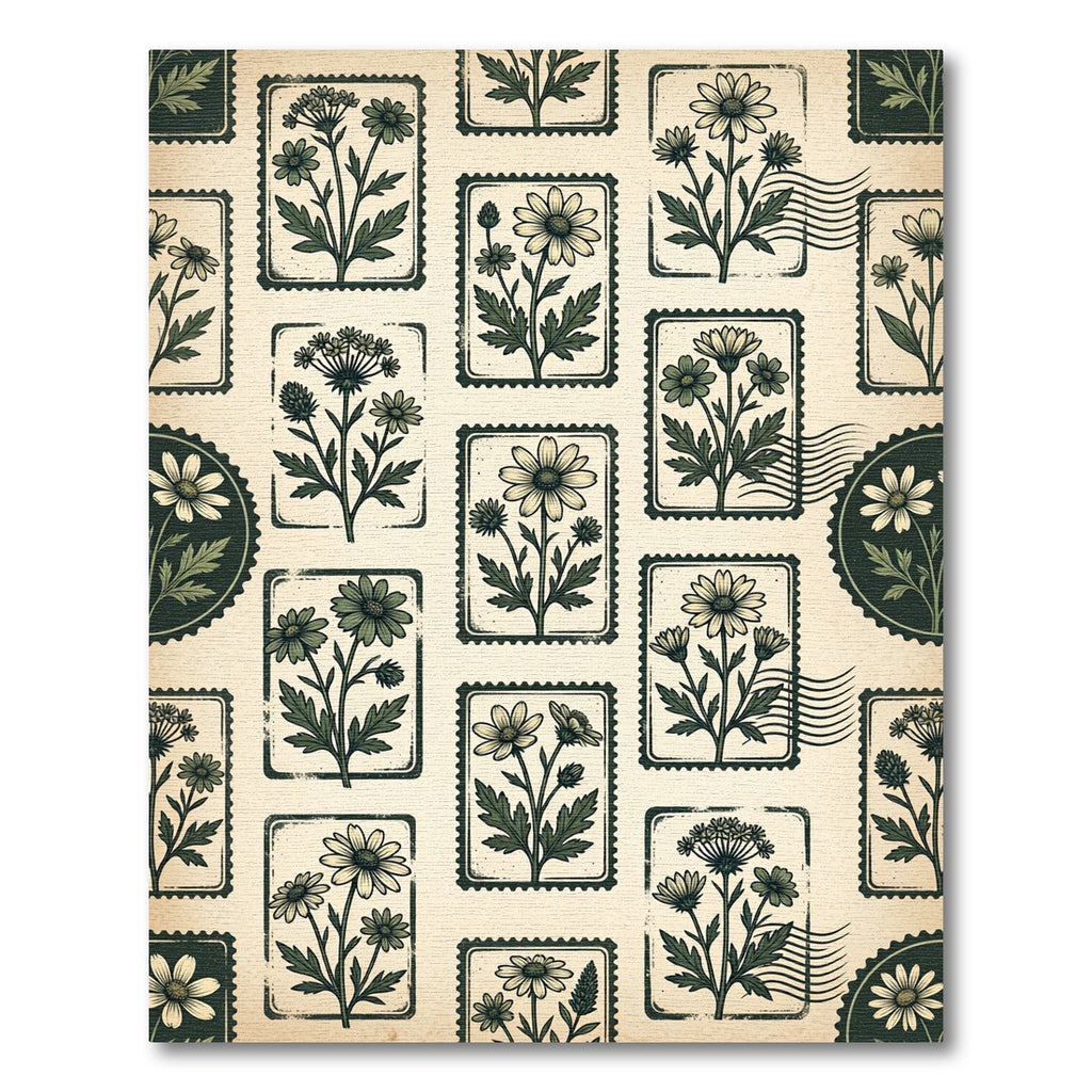 Vintage Botanical Postage Stamp Floral Field Rug