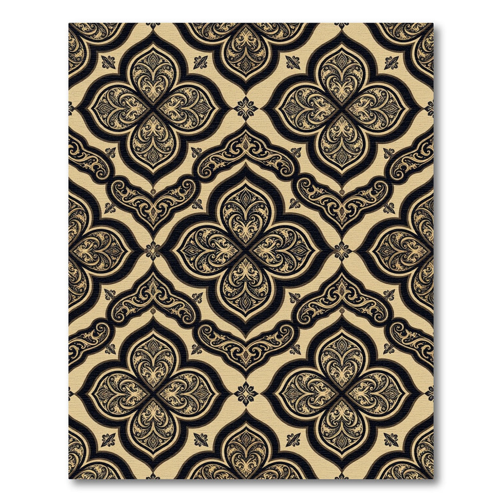 Elegant Gold Black Quatrefoil Damask Rug