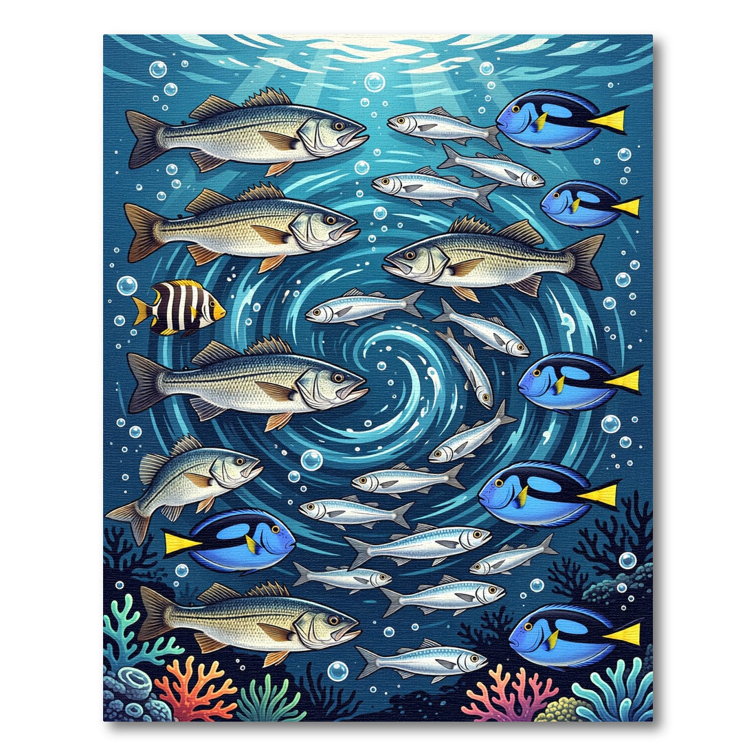 Vibrant Blue Deep Sea Schooling Fish Rug