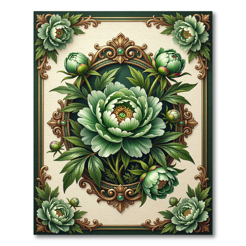 Elegant Sage Peony Ornate Framed Botanical Rug