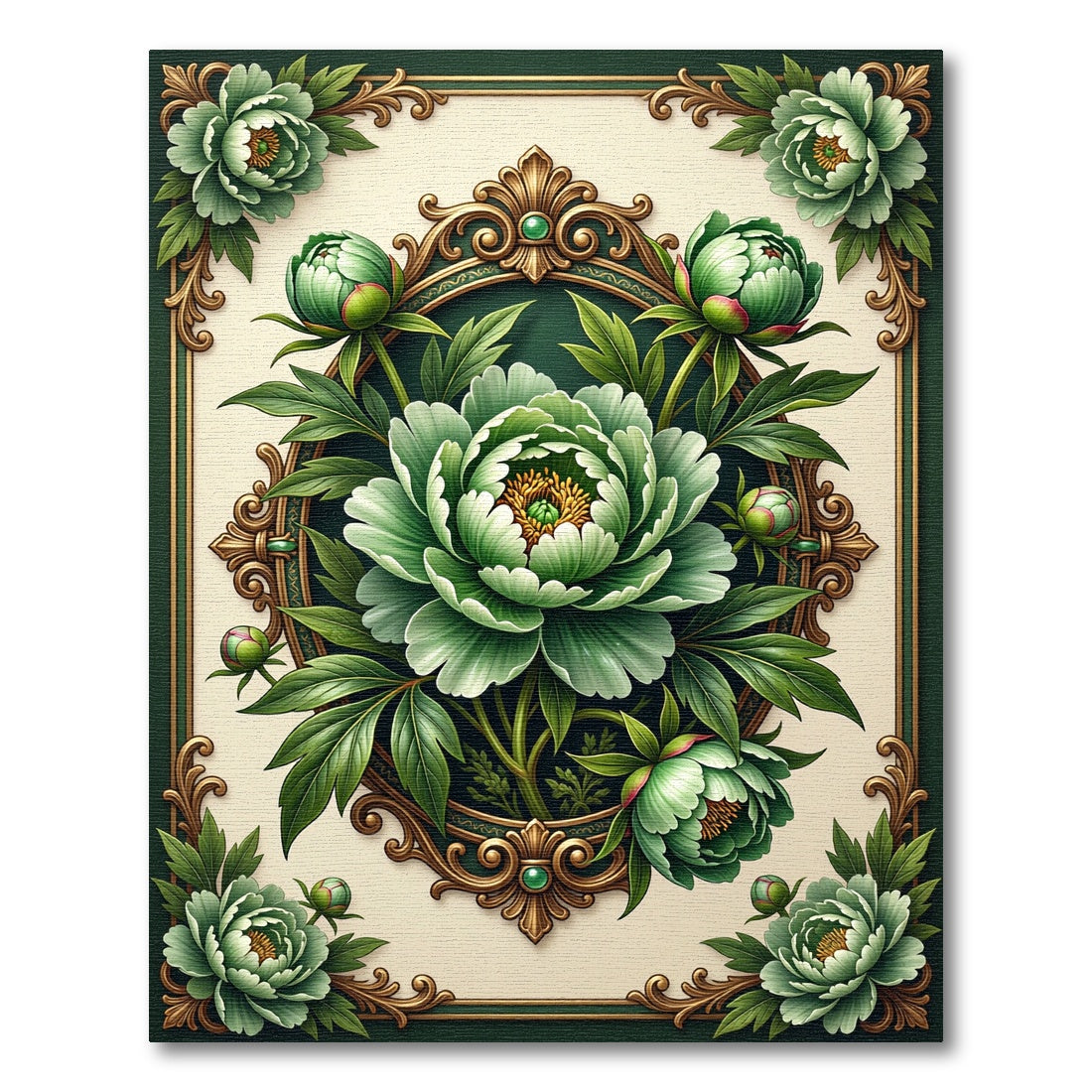 Elegant Sage Peony Ornate Framed Botanical Rug