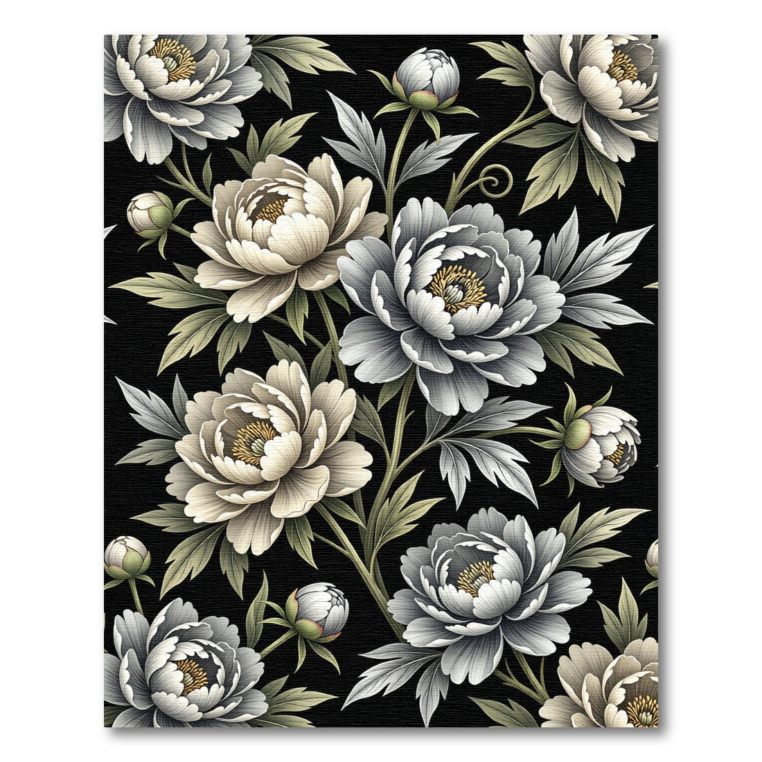 Monochrome Peony Floral Botanical Black Cream Rug