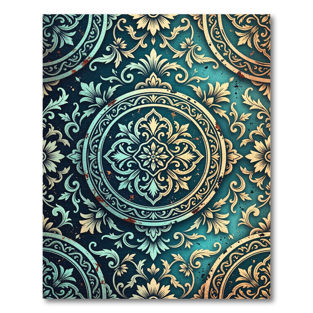 Aqua Teal Floral Medallion Relief Rug