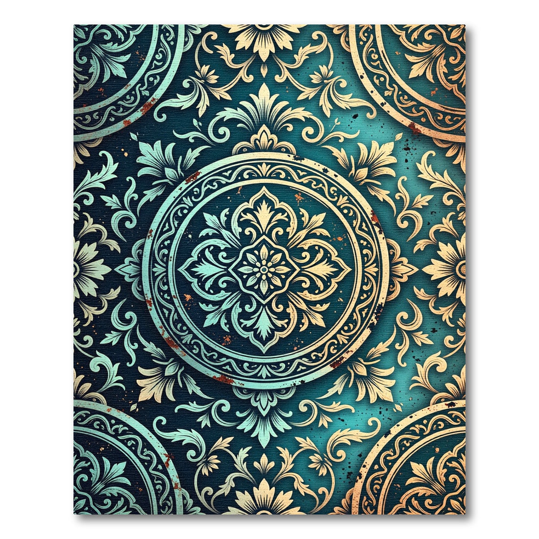 Aqua Teal Floral Medallion Relief Rug