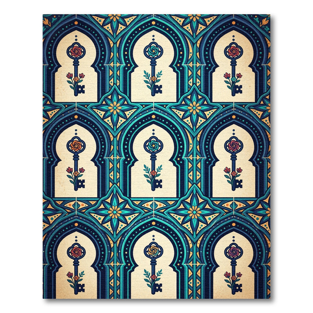 Ornate Teal Arch Floral Key Tapestry Rug