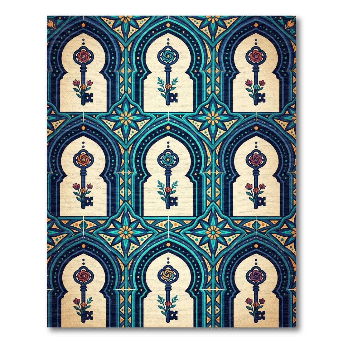 Ornate Teal Arch Floral Key Tapestry Rug
