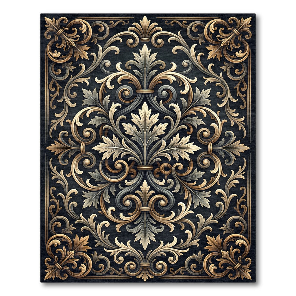 Ornate Gold and Charcoal Acanthus Scroll Rug
