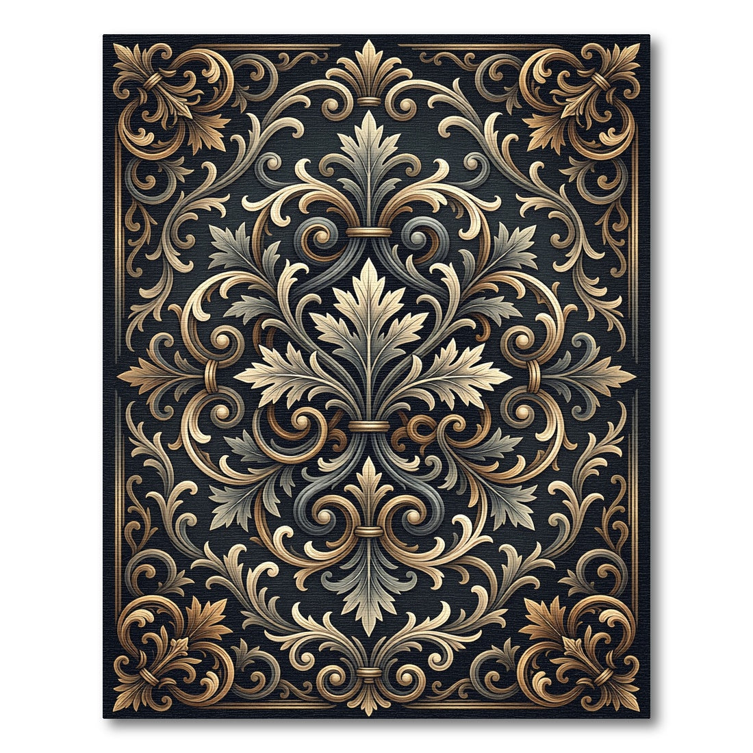 Ornate Gold and Charcoal Acanthus Scroll Rug