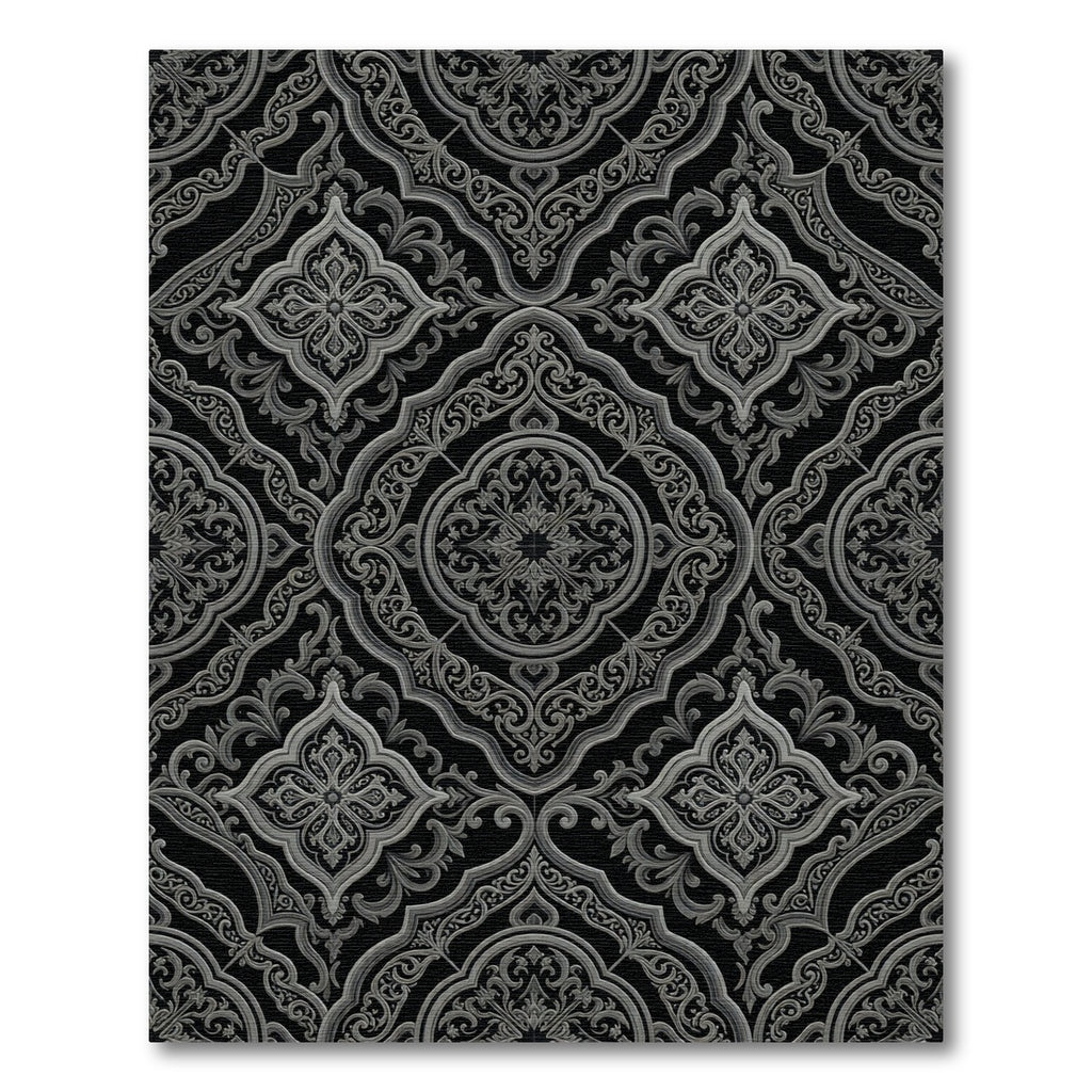 Ornate Black Gray Floral Damask Rug