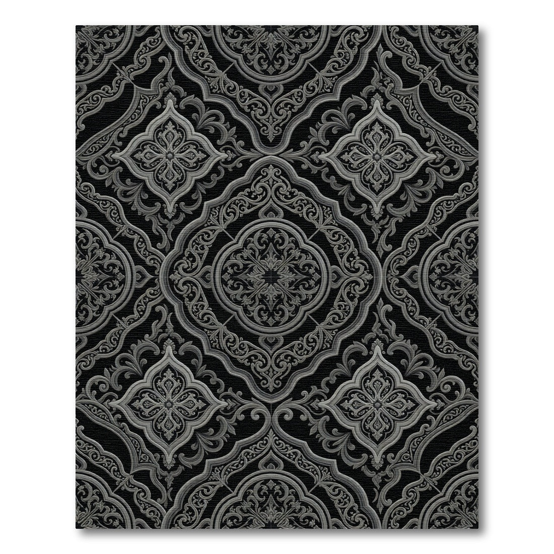 Ornate Black Gray Floral Damask Rug