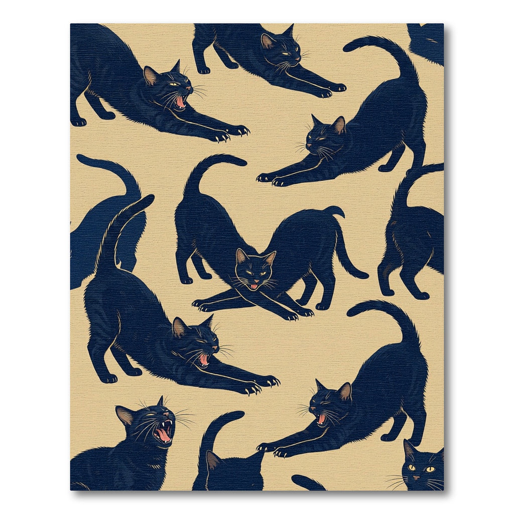 Whimsical Stretching Black Cat Illustration Rug