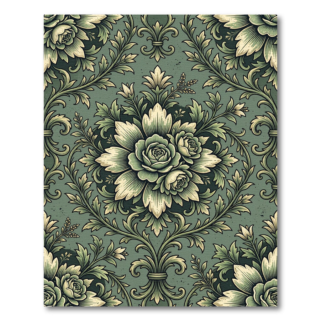 Sage Damask Rose Floral Scroll Rug