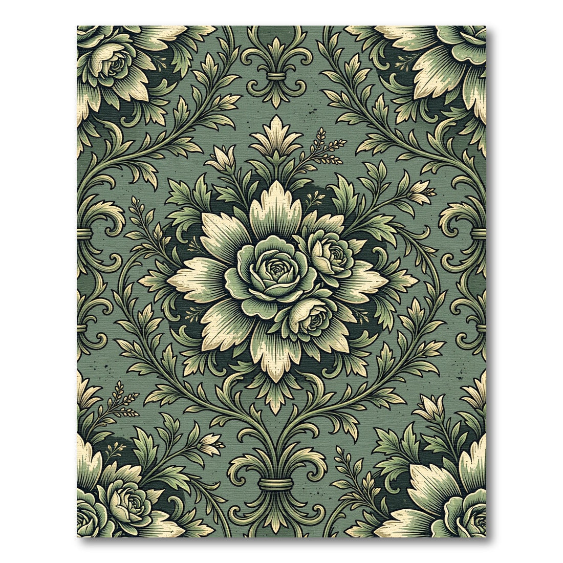 Sage Damask Rose Floral Scroll Rug