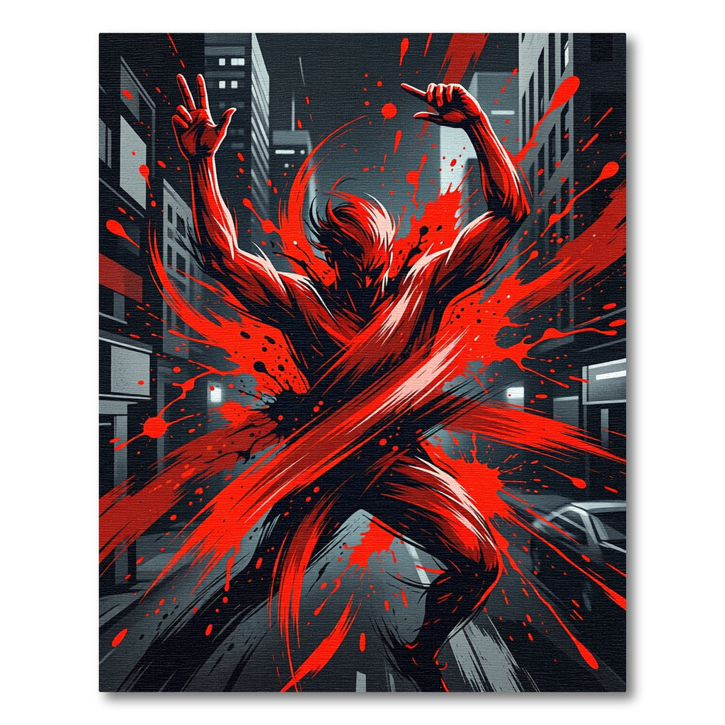 Crimson Red Figure Splatter Street Scene Rug